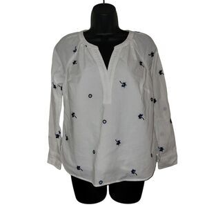 Talbots White Blouse with Navy Embroidery